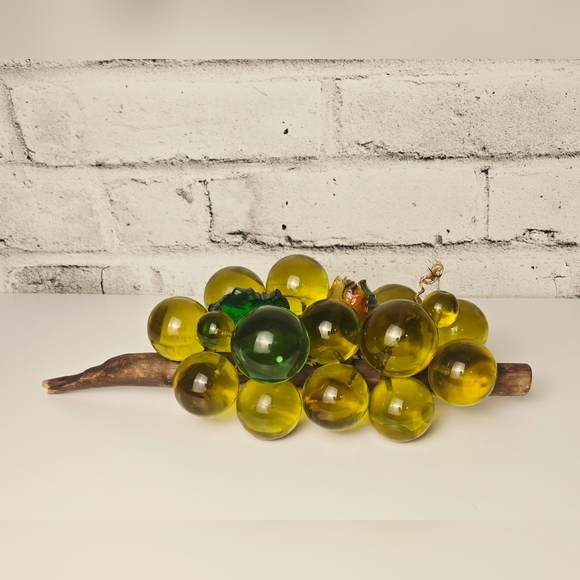 Vintage Green Glass Grape Cluster Sculpture on Wood Stem 13.5” - Picture 9 of 15